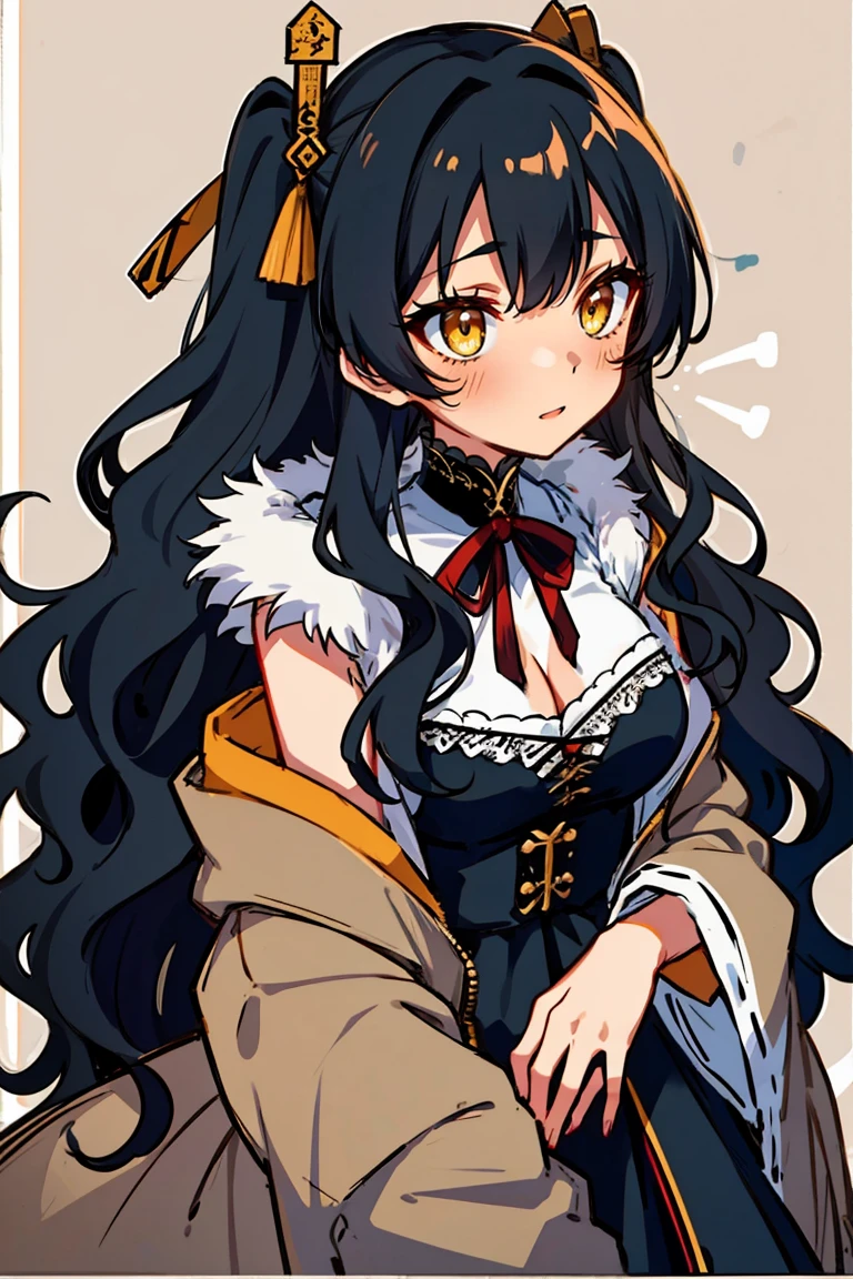 (masterpiece:1.2), (high quality:1.2), (hui xiyi:0.7), rekkyo sensen, rekkyou sensen, girls with((1girl, solo, black hair, yellow eyes, (wavy long hair, one side up:1.54), blush, breasts, choker, cleavage, coat, cowboy shot, dress, lace dress, black waist tie, red bow, red ribbon, neck ribbon, blouse shirt, frills blouse, fur, khaki jacket, hood down, hooded coat, hooded jacket, hoodie, jacket, large breasts, long hair, long sleeves, medium breasts, open clothes, open coat,open hoodie, sleeveless, winter clothes, zipper, cleavage, upper body)), background with((bedding, futon, jail, prison:1.45))