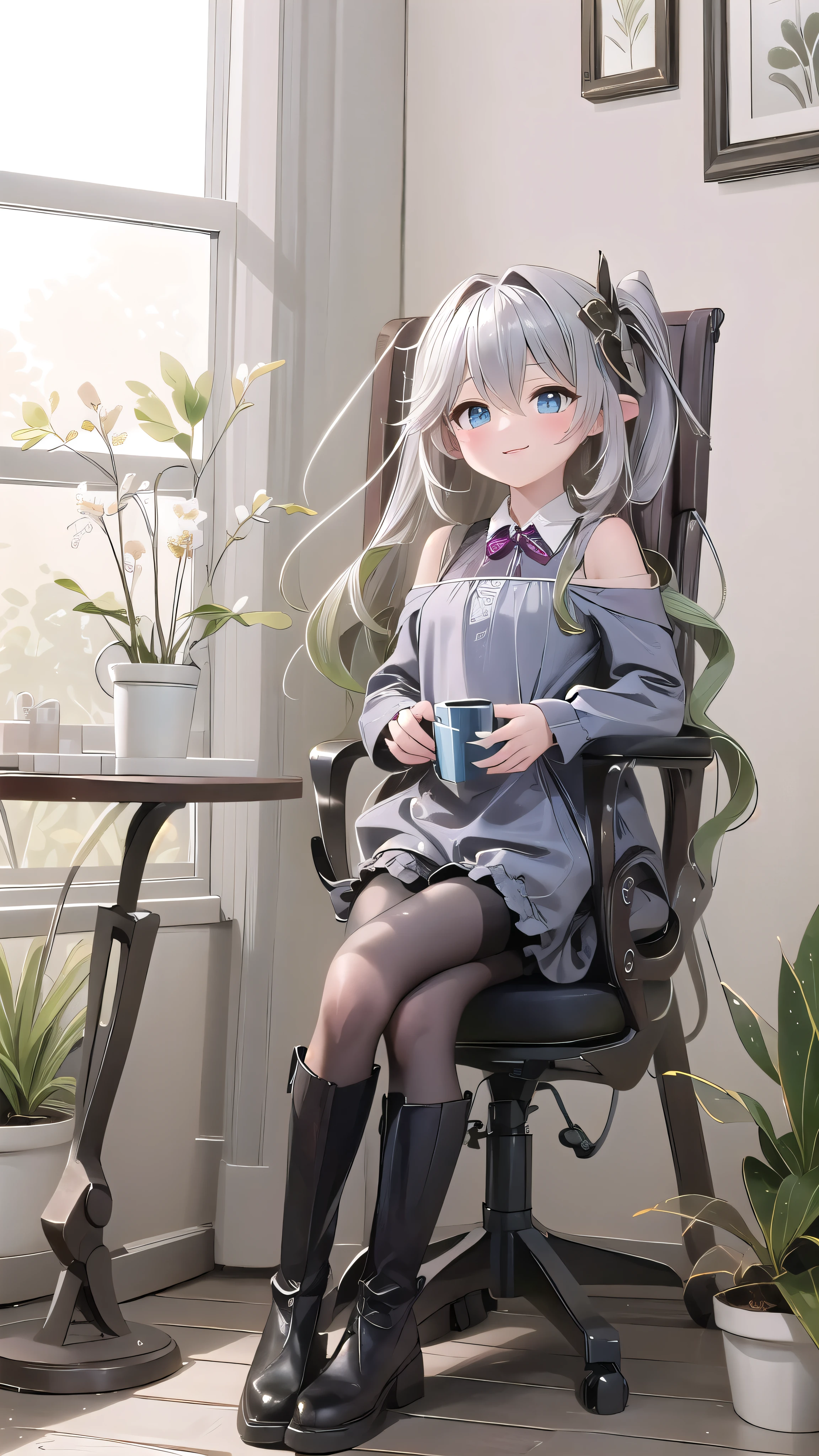 (best quality),(masterpiece),Dynamic Angle,(Extremely detailed illustrations),(Extremely detailed CG unity 8k wallpaper),Astonishing,Depth of Field,(Very detailed),((Extremely delicate and beautiful)),((1 Girl)),((Extremely detailed eyes and face)),Nahidadev,Bangs,  Black Legwear, blue eyes, blush, Book, Book stack, Bookshelf, cactus, Chair, Shut up, Cross your legs, cup, curtain, table, Eyebrows visible through hair, foot, flower, flower pot, Hair between the eyes, indoors, Long hair, Long sleeve, Looking at the audience, No shoes, on Chair, Pantyhose, picture \(Purpose\), picture frame, plant, potted plant, shirt, sit, skirt, Smile, Solitary, table, thighband Pantyhose, flower瓶, white shirt, window, wooden tablebest quality，（Kawaii：1.1），（charming），（high resolution：1.2），Incredibly ridiculous resources：1.3，Incredibly beautiful illustrations，Charming woman ，Maid costume