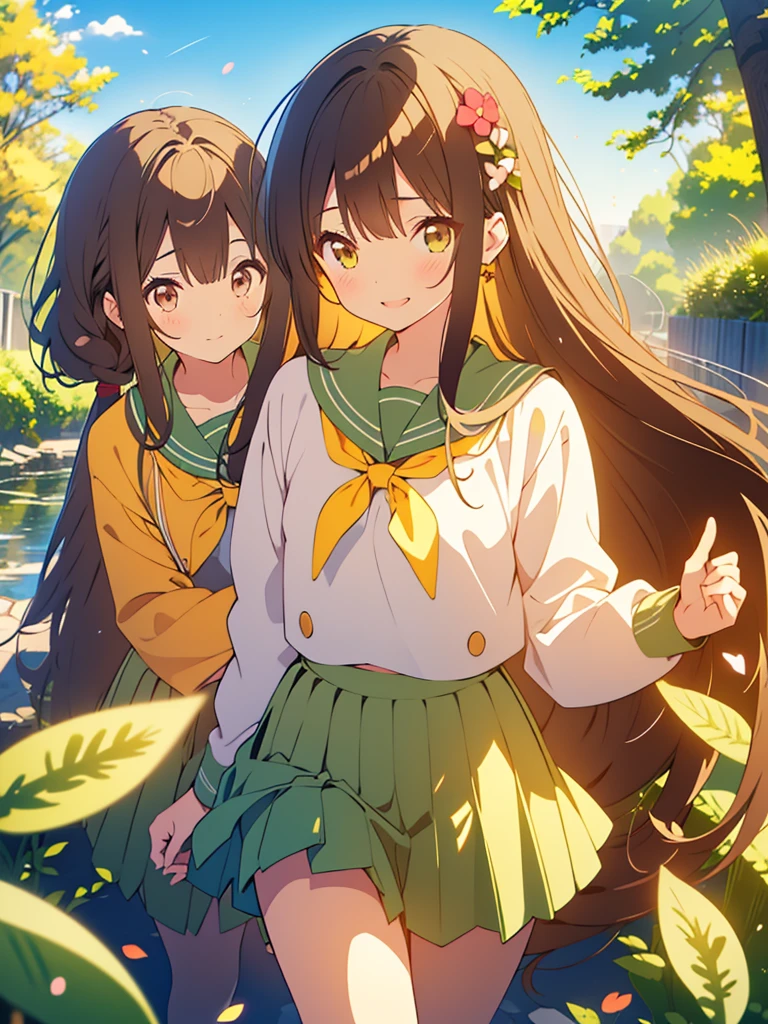 kawaii, anime, Cute, hyper quality, highly detailed, 16k, Front facing, Clarity, girl, brown long hair, green eyes, smile, two girls, Both girls have long dark brown hair., golden eyes, green kiwi, golden kiwi, pale colors, Fluffy feeling, light atmosphere, dazzling light, highlight on eyes, smiling, wink, Dark brown twintails and long dark brown hair, , whole body, fold one's hands, A good friend, close one eye, angel feather hairpin, kiwi hairpin, private clothes, skirt, spring, Not three people, Two persons, after the rain, blue sky, flower path, wet from the rain,