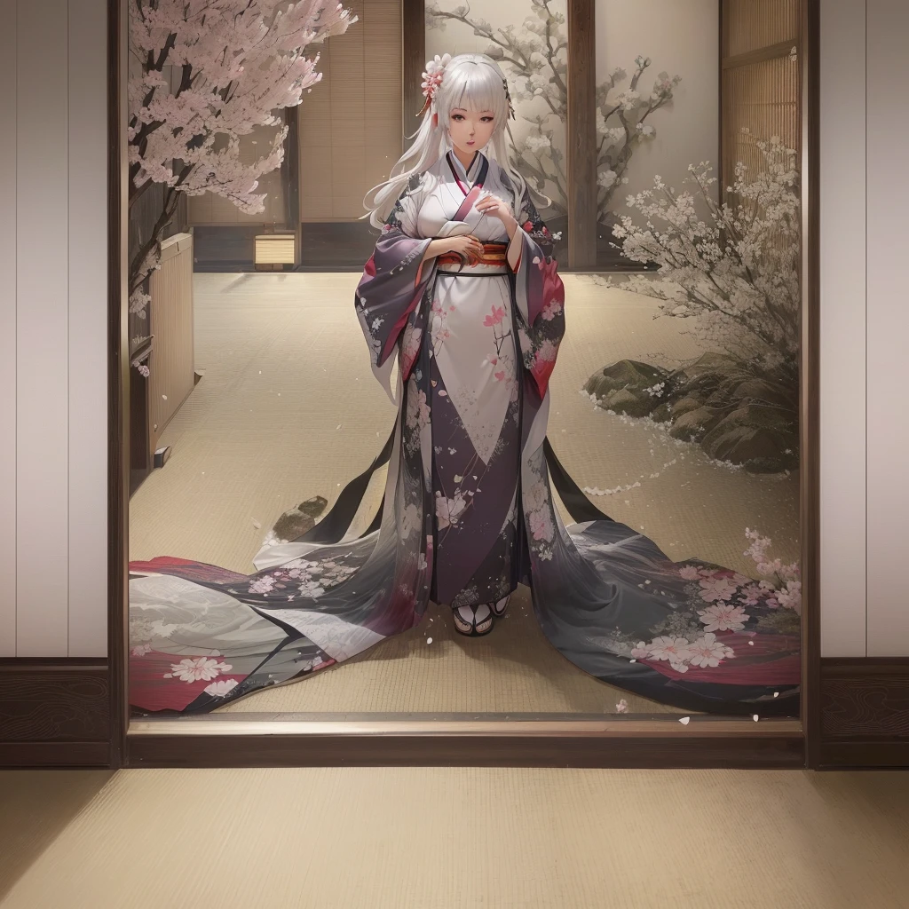 there is a woman In kimono dress standing in a room, White-haired God, shikamimi, Gwaiz, In kimono, artwork in the style of Gwaiz, Gwaiz masterpiece, From Girls Frontline, Japanese Goddess, Anime girl crouching, sakura petals around her, In kimono, Gwaiz on pixiv artstation