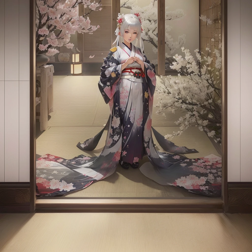 there is a woman In kimono dress standing in a room, White-haired God, shikamimi, Gwaiz, In kimono, artwork in the style of Gwaiz, Gwaiz masterpiece, From Girls Frontline, Japanese Goddess, Anime girl crouching, sakura petals around her, In kimono, Gwaiz on pixiv artstation