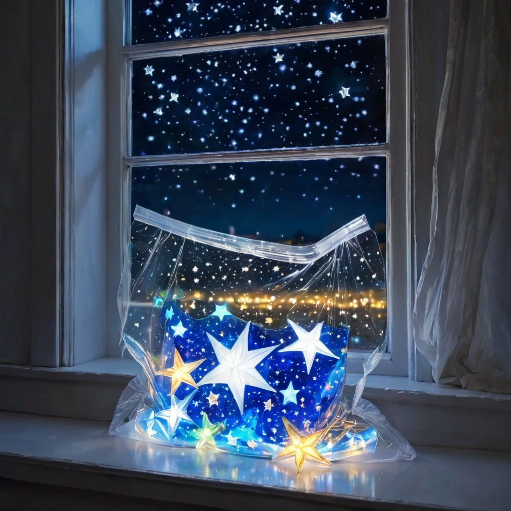 (masterpiece, best quality:1.2),Windowsill,Stars in a plastic bag,Luminescence