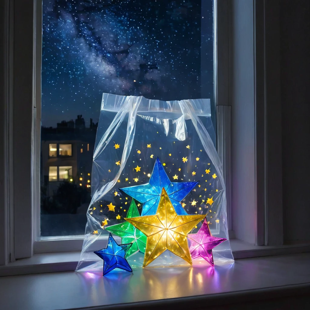 (masterpiece, best quality:1.2),Windowsill，Stars in a plastic bag，Luminescence
