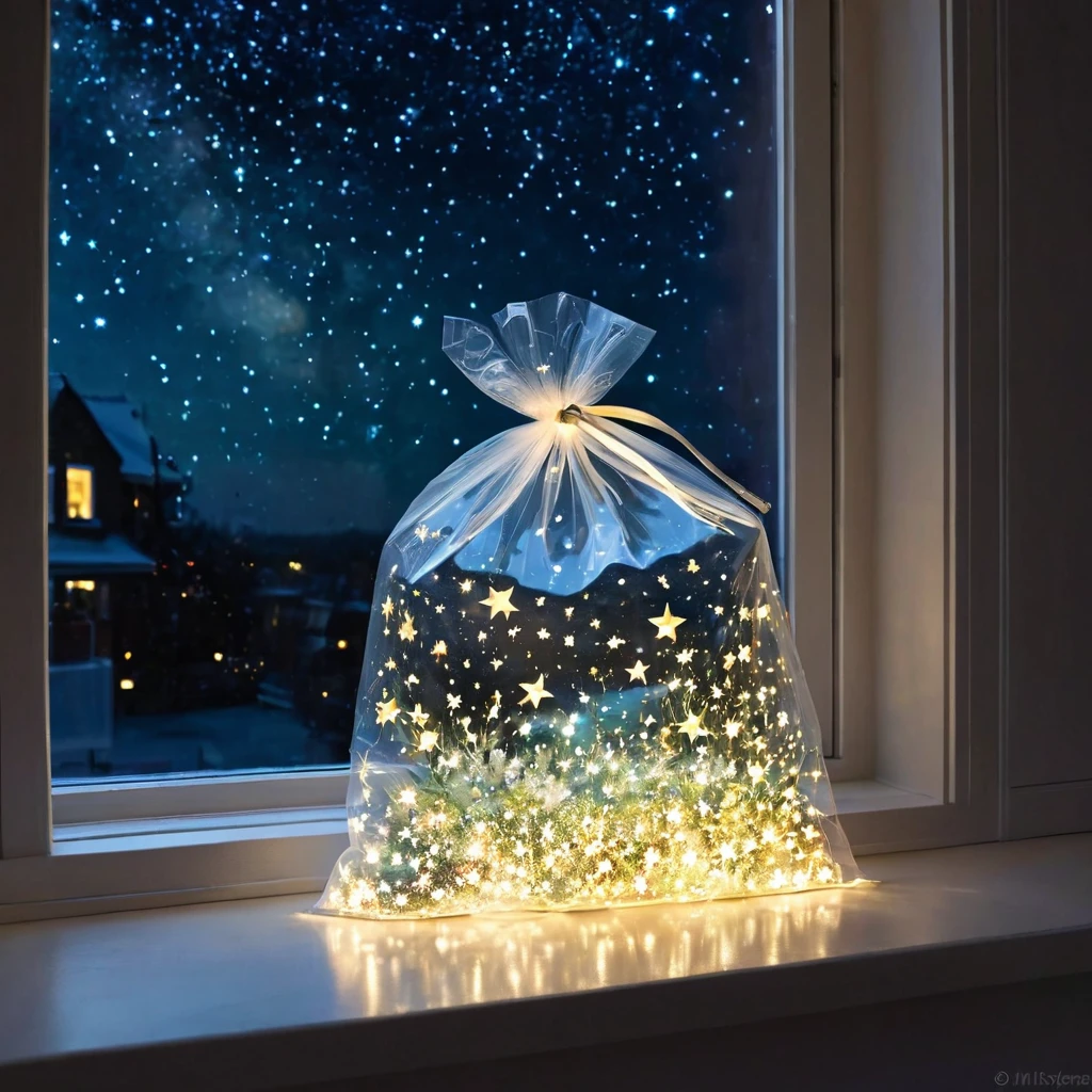 (masterpiece, best quality:1.2),Windowsill，Stars in a plastic bag，Luminescence
