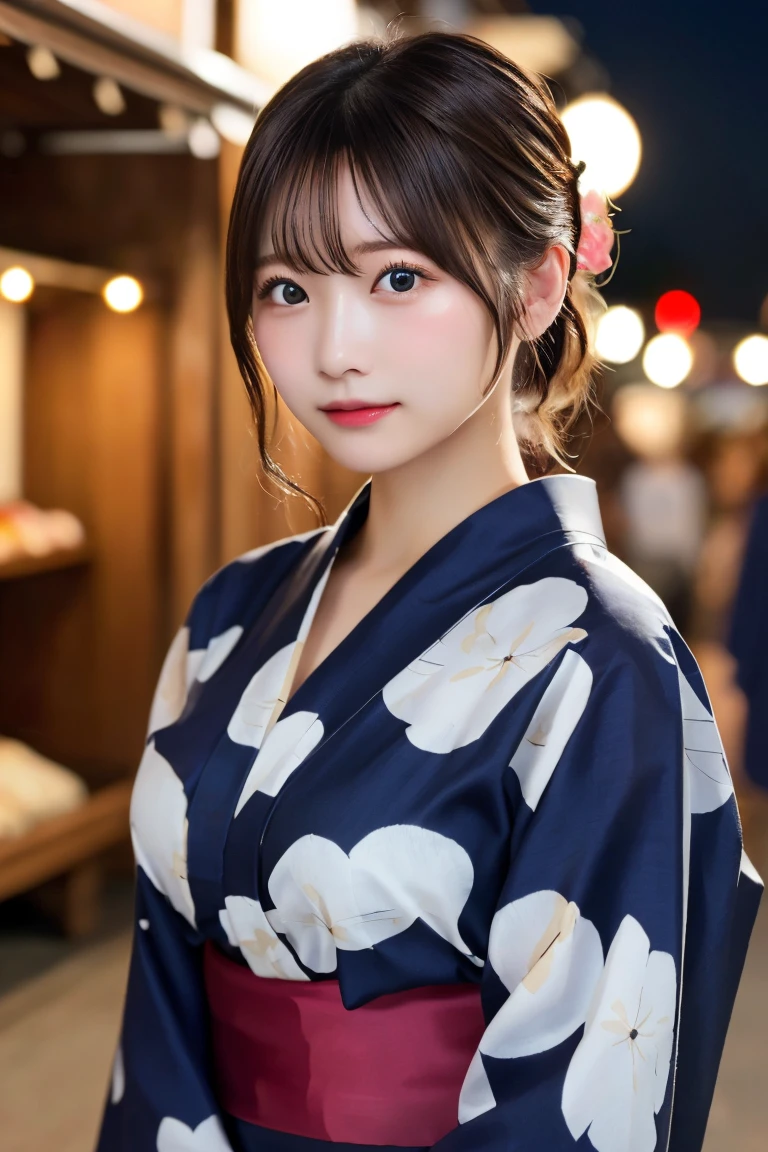 Highest quality、（beautiful）、Precision Eyes、Fine skin、Brown eyes、24-year-old female、Brown Hair、looking at the camera、Hair tied up on top of the head、Gal、yukata、night、festival、stall、Larger breasts