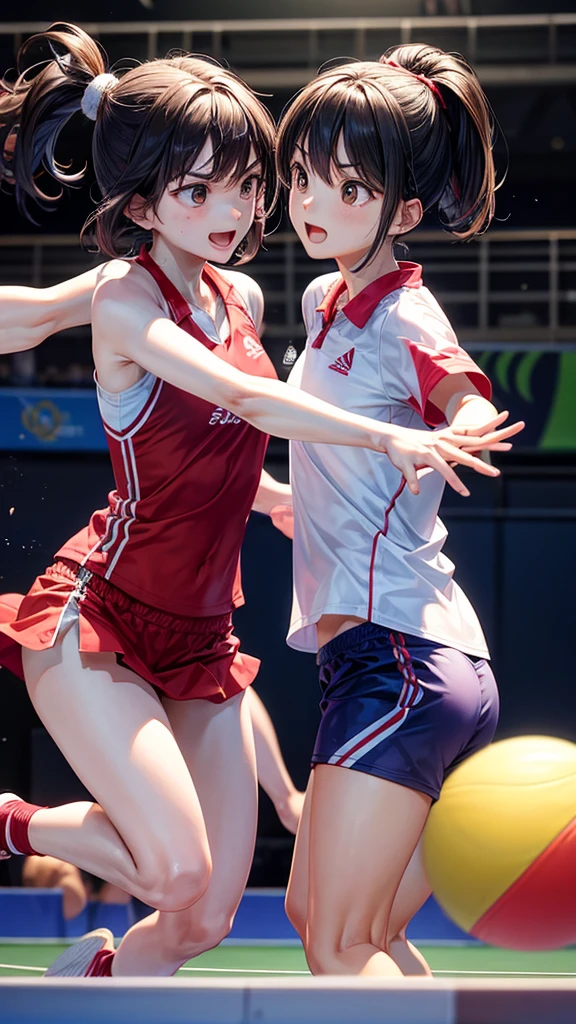 Two table tennis players are engaged in a fierce battle on the Olympic stage.。