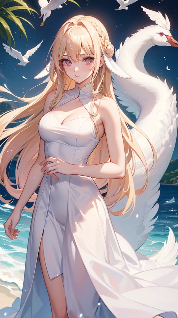 (((Adult woman))), pink eyes, (long blonde hair), white swan dress
