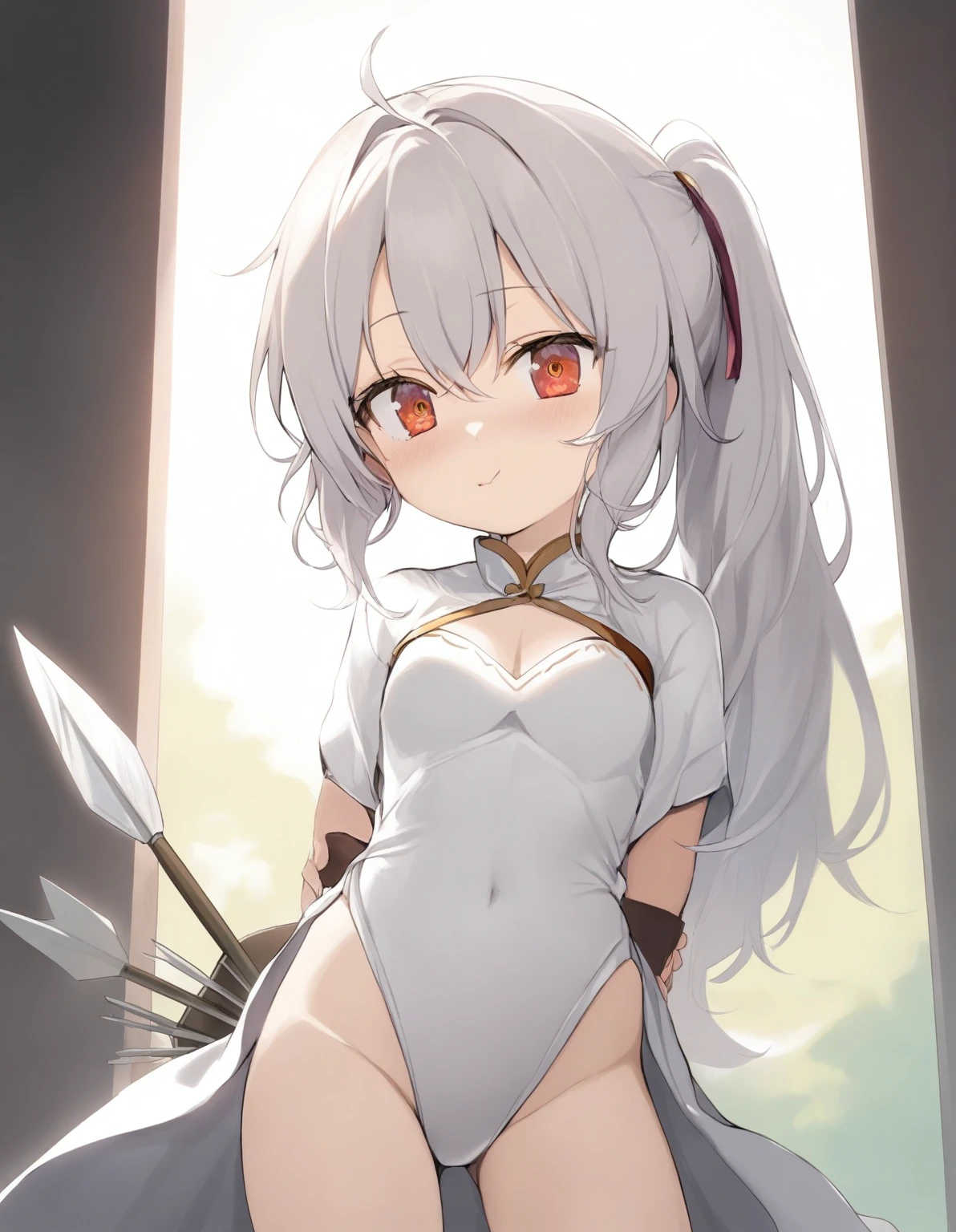 1 girl, shiny backlight, volumy long ponytail, silver hair, red eyes, middle breasts, her hair is fluttering down, white fantasic leotard outfit, white long loincloth,brown belts, long Quiver of Arrows behind back, open legs,open thighs, arched back, scerious,cowboy shot, masterpiece, best quality, general,standing