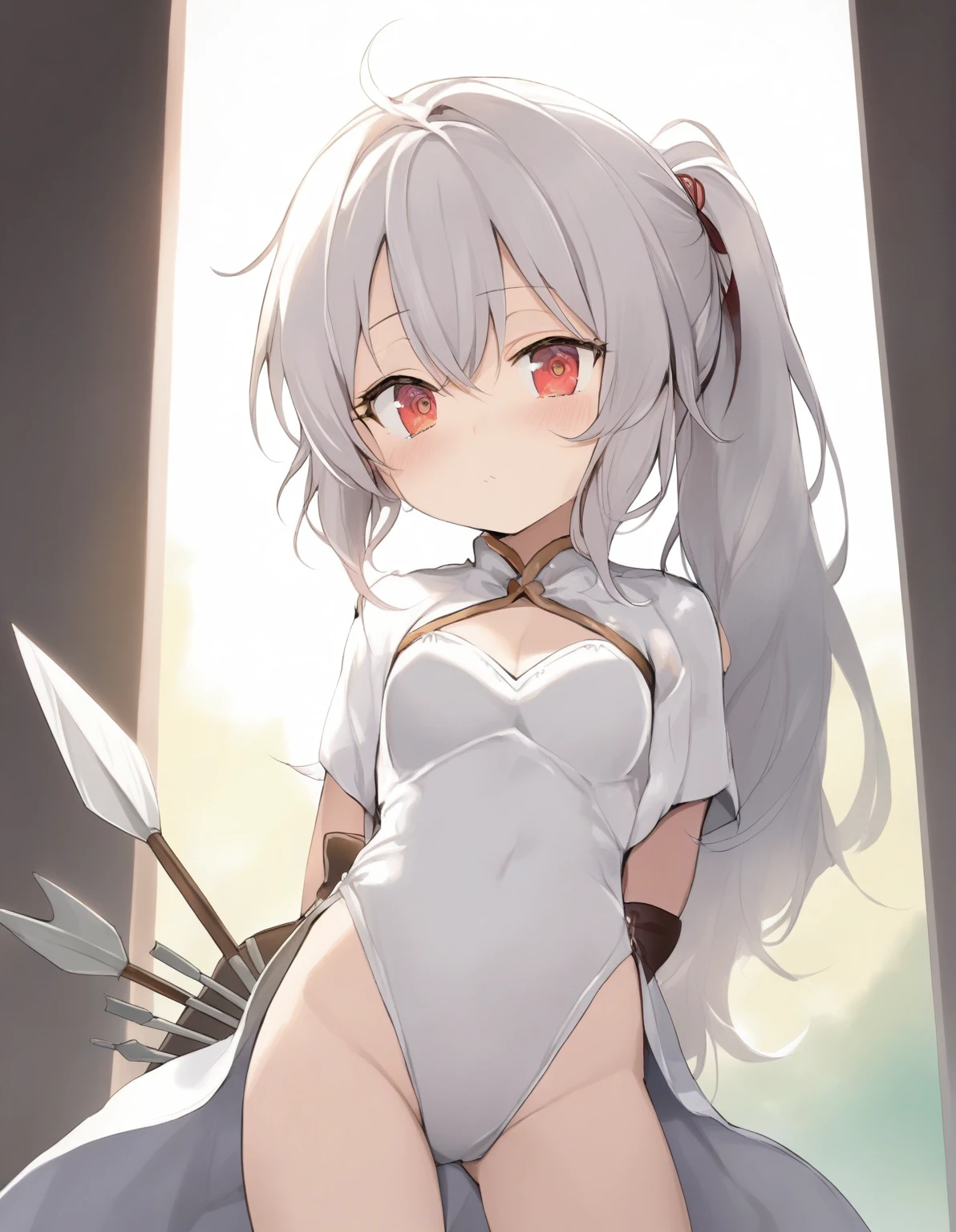 1 girl, shiny backlight, volumy long ponytail, silver hair, red eyes, middle breasts, her hair is fluttering down, white fantasic leotard outfit, white long loincloth,brown belts, long Quiver of Arrows behind back, open legs,open thighs, arched back, scerious,cowboy shot, masterpiece, best quality, general,standing