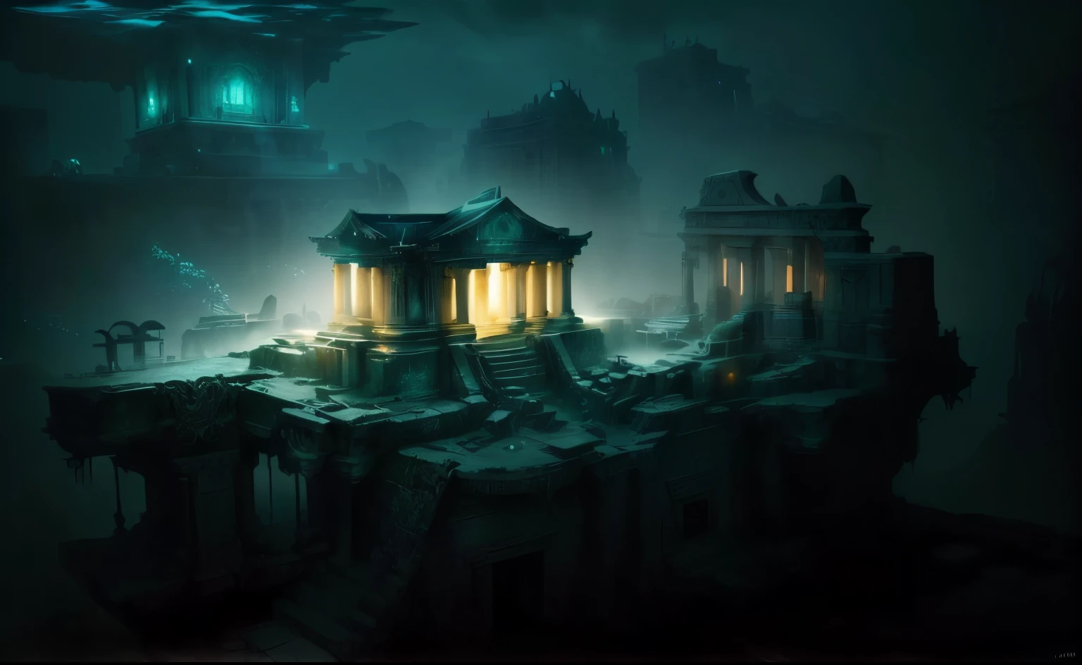 there is a small building in the middle of a city at night, submerged temple scene, eerie nostalgic concept art, underwater temple, the lost city of atlantis, an underwater city, lost city of atlantis, undersea temple, dramatic concept art, dramatic lighting. concept art, nazi u-boot , nazi subamarine near underwater city, submerged temple ritual scene, ancient. atmospheric lighting, luminescent matte painting