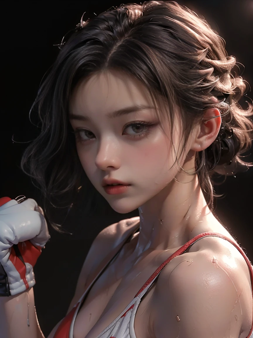 ((masterpiece, highest quality, Highest image quality, High resolution, photorealistic, Raw photo, 8K)), Boxing match, female athletes punching each other in the lights, wet bodies, profiles of athletes looking across,