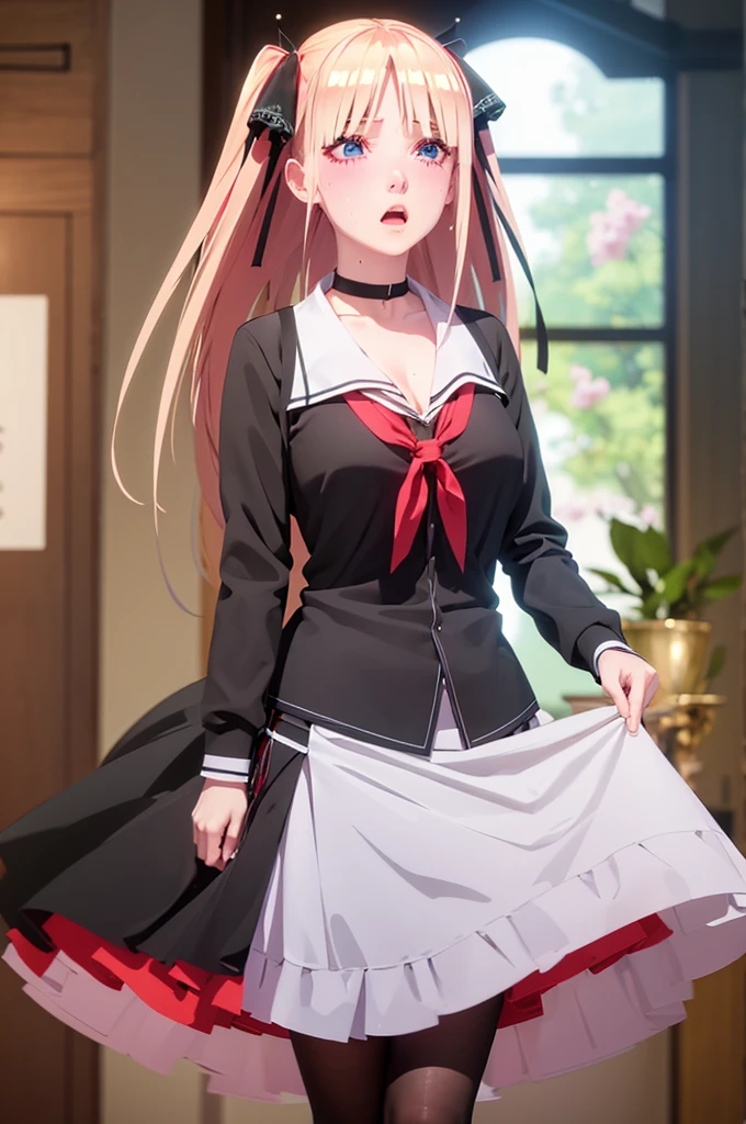 One girl,masterpiece,Highest quality,Blonde,stockings,Checked skirt),Short skirt JK,,Are standing,In total length,Medium chest,Very detailed,[[Realistic]],Beautiful and attractive anime teen,Enchanting anime girl,Swinging skirt,blue eyes, hair ornaments, Hair Ribbon,Show your forehead、Twin tails、Random color school girl uniform、Lace choker, short hair,,No bra,,Very detailed肌, Very detailed顔, (Beautiful Fine Eyes, the girl, Red cheeks) ,The girl has a toned figure., Intricate details,Closely、Embarrassed expression、blush、Shining Sweat、Perfect Skin,Sweat is noticeable in the cleavage、、Sweating on thighs is noticeable、 Fair skin,Tight waist, Sweating profusely、Sweaty hair、Sweaty clothes、Sweaty、Visible sweat、Sweat-soaked hair、Athlete System、Cherry blossoms fluttering down、Silver Hair、Night cityscape。Reflection of light、moonlight