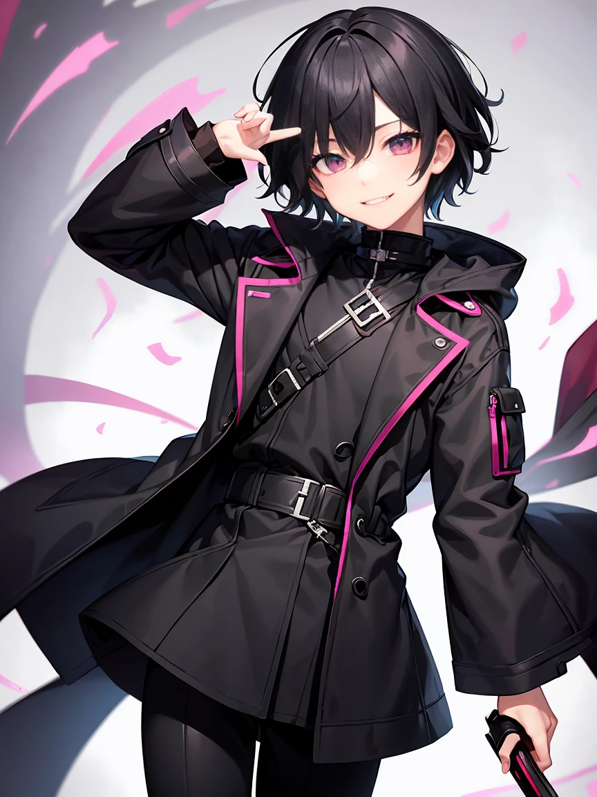 Short black hair、Pink eyes、Shota、male:1.5、solo、jet black duffle coat、Black clothing、Wicked Smile、Black trousers、knife