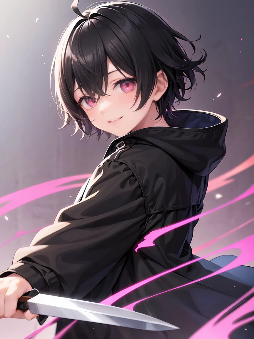 Short black hair、Pink eyes、Shota、male:1.5、solo、jet black duffle coat、Black clothing、Wicked Smile、Black trousers、knife