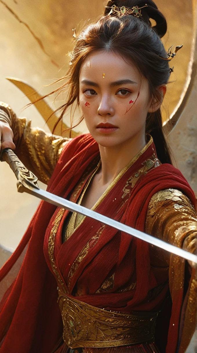 ultra high resolution,(((masterpiece))),(((best quality))),((super detailed)),((extremely delicate and beautiful)),cinematic light,detailed environment,(real),half body shot,(1girl, solo, female focus:1.3),(holding sword:1.2),(dark red and light gold:1.3),(hair pulled back, floating hair:1.1),designed by greg manchess,smoke,a model woman,bright eyes,glossy lips,futuristic gold face war paint,trending on art station,photoreal,8 k,octane render by greg rutkowski,art by Carne Griffiths and Wadim Kashin,in the style of Dau-al-Set,Pollock,and inspired by MAPPA and Zdzislaw Beksinski,hanfu,