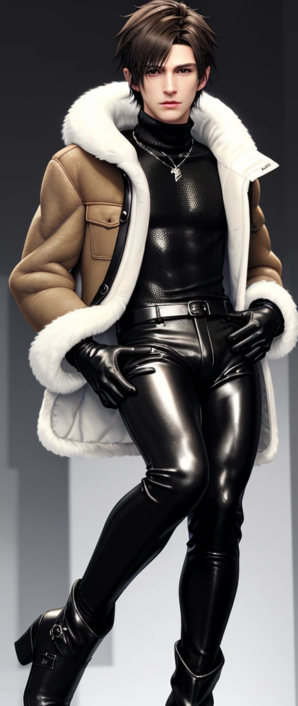 Final fantasy taste and reality graphics, Japanese young cute and cool ikemen boy, his age is early 20s, thin eyebrows and beady eyes, he wearing light brown color very thick shearling jacket, jacket is no leather material and waist length, fur color is white,
also wearing black very thick turtleneck lackluster shirts, tight black leather pants, shiny black leather tight and must put on a thin leather glove both hands, black leather knee-high raceup boots,must views head-to-toe,must views whole body, boy looks like fashion model,Do not show skin from the neck down,leather jacket leather glove and leather pants have few wrinkles,boy in the room,,Avoid showing your innerwear,
