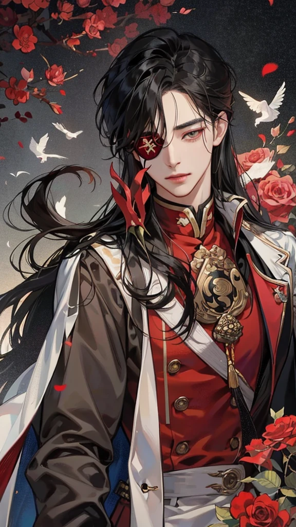 Hua Cheng adulto, he holds a rose in his hand , right eye patch