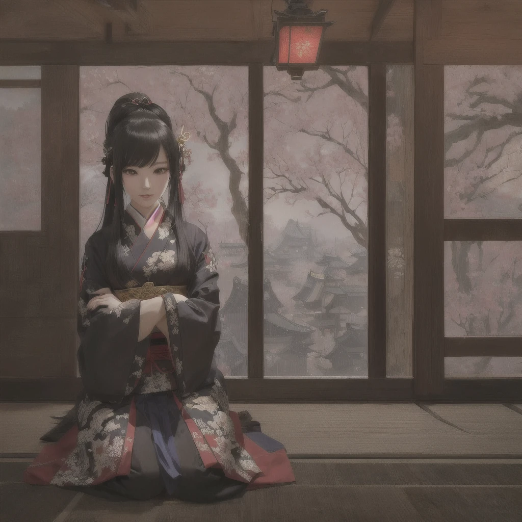 Anime character sitting on the floor in front of a window, pixiv Contest Winner, Gweiz-style artwork, feudal japan art, guweiz on pixiv artstation, Digital art on pixiv, Zerochan Art, Anime style digital art, Painted in an anime artist's studio, Created by Anime Painter Studio, Guweiz on ArtStation Pixiv