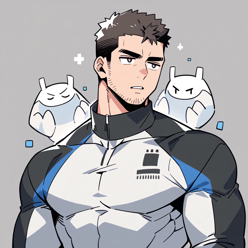 anime characters:Chris Redfield, Muscle Sports Student, Buzz Cut, Manliness, male focus, Dark black high collar long sleeve tight T-shirt, Slightly transparent material, Very tight, Round, full and perky chest muscles, muscular male, muscular, only, Upper body, alone, Black short hair, Thick eyebrows, stubble, Brown-red pupils, Grey background, simple background, amazing quality, best aesthetics, Ridiculous, crew cut, parted lips, v-shaped eyebrows, jitome, best quality