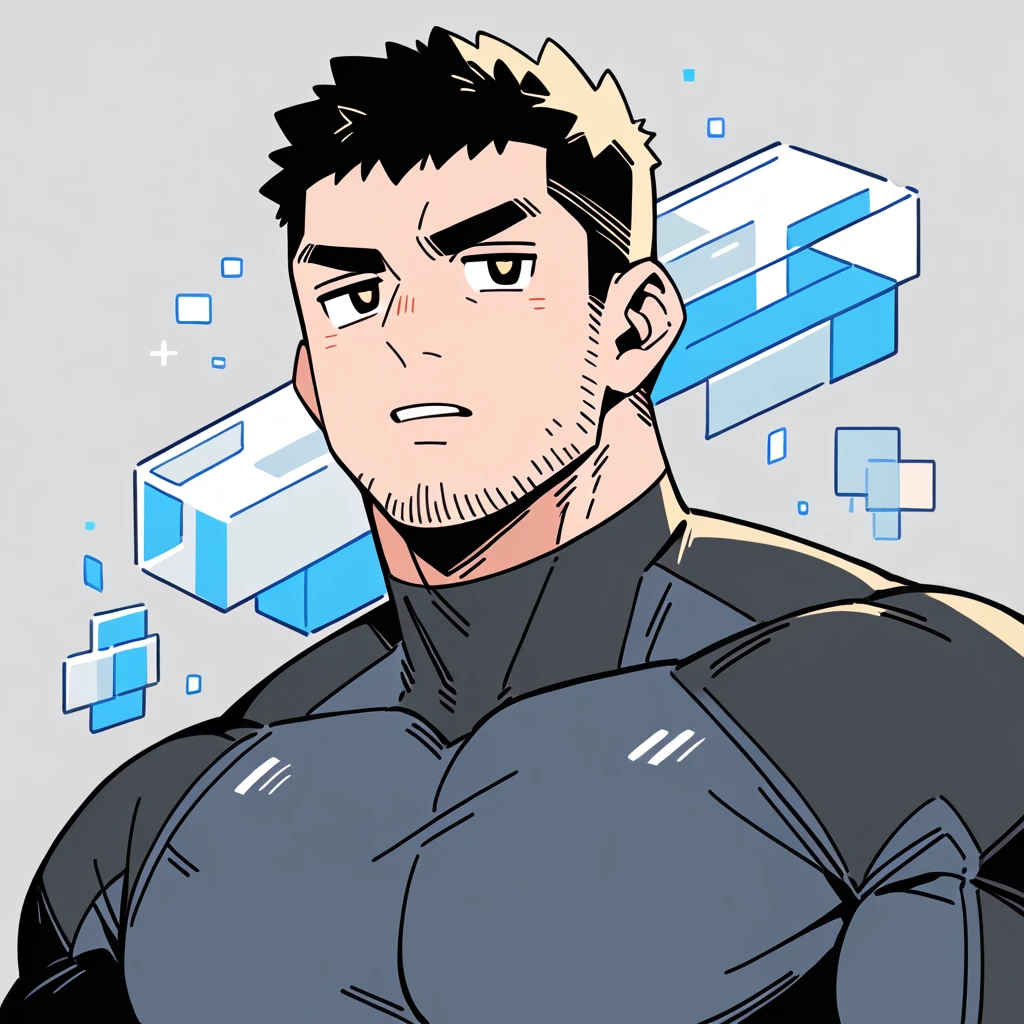 anime characters：Chris Redfield, Muscle Sports Student, Buzz Cut, Manliness, male focus, Dark black high collar long sleeve tight T-shirt, Slightly transparent material, Very tight, Round, full and perky chest muscles, muscular male, muscular, only, Upper body, alone, Black short hair, Thick eyebrows, stubble, Brown-red pupils, Grey background, simple background, amazing quality, best aesthetics, Ridiculous, crew cut, parted lips, v-shaped eyebrows, jitome, best quality