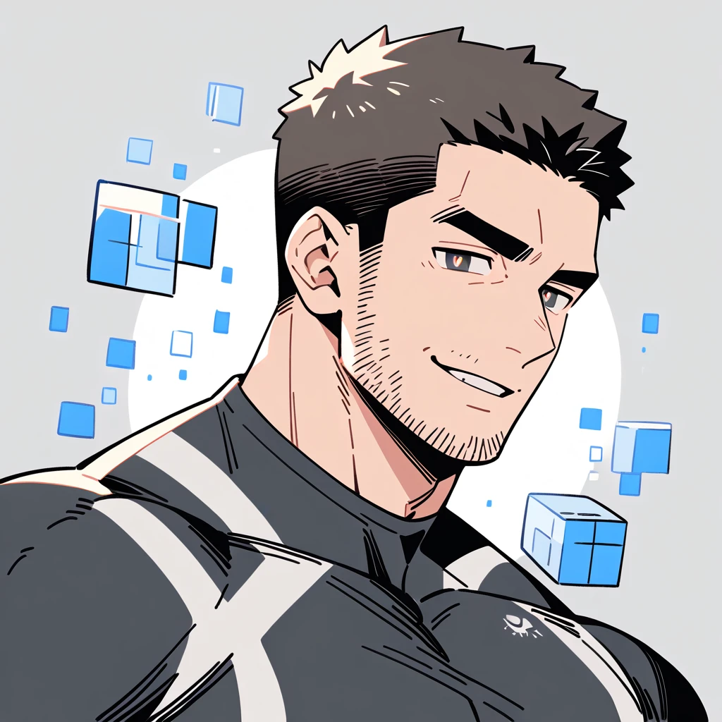 anime characters:Chris Redfield, Muscle Sports Student, Buzz Cut, Manliness, male focus, Dark black high collar long sleeve tight T-shirt, Slightly transparent material, Very tight, Round, full and perky chest muscles, muscular male, muscular, only, Upper body, alone, Black short hair, Thick eyebrows, stubble, Brown-red pupils, Grey background, simple background, amazing quality, best aesthetics, Ridiculous, crew cut, parted lips, raised eyebrow, seductive smile, naughty face, best quality