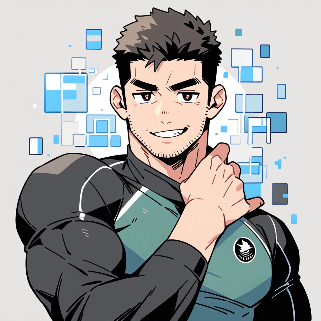 anime characters：Chris Redfield, Muscle Sports Student, Buzz Cut, Manliness, male focus, Dark black high collar long sleeve tight T-shirt, Slightly transparent material, Very tight, Round, full and perky chest muscles, muscular male, muscular, only, Upper body, alone, Black short hair, Thick eyebrows, stubble, Brown-red pupils, Grey background, simple background, amazing quality, best aesthetics, Ridiculous, crew cut, parted lips, raised eyebrow, seductive smile, naughty face, best quality