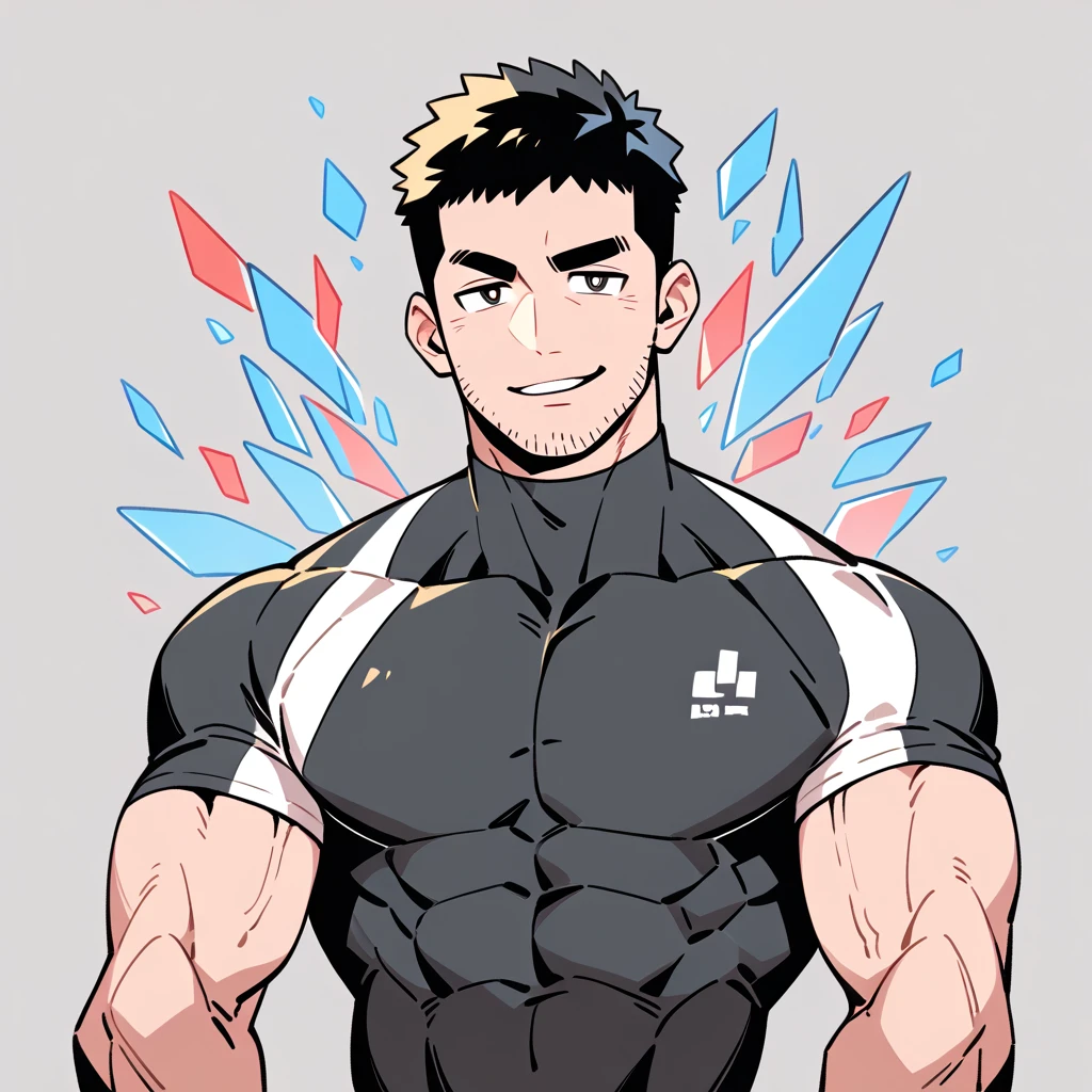 anime characters:Chris Redfield, Muscle Sports Student, Buzz Cut, Manliness, male focus, Dark black high collar long sleeve tight T-shirt, Slightly transparent material, Very tight, Round, full and perky chest muscles, muscular male, muscular, only, Upper body, alone, Black short hair, Thick eyebrows, stubble, Brown-red pupils, Grey background, simple background, amazing quality, best aesthetics, Ridiculous, crew cut, parted lips, raised eyebrow, seductive smile, naughty face, best quality