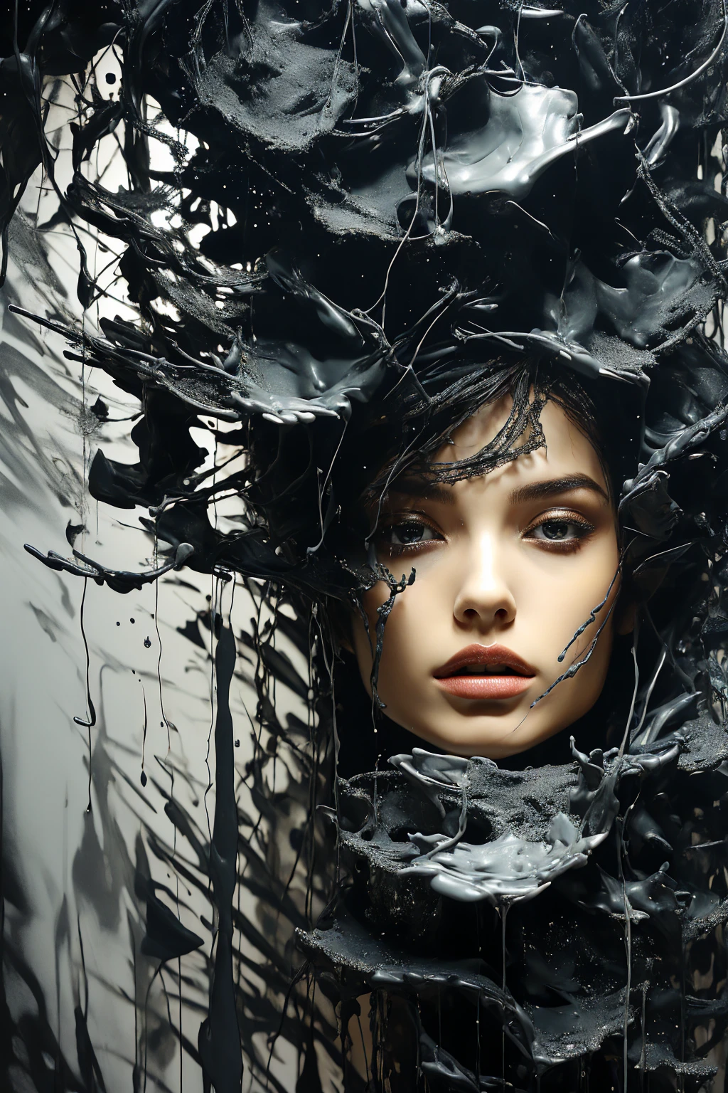 night, Attractive woman face fading away, 创造出mystery的液体阴影漩涡. Abstract liquid aesthetics, Its delicate features are distorted but still fascinating., Starry Sky,fantasy,magic,mystery,illusory,Dreamy,red symmetry, high quality,Octane Rendering,Concept map of the scene,