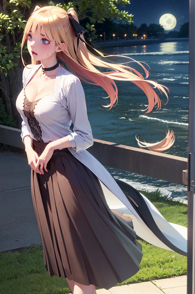 One girl,masterpiece,Highest quality,Blonde,stockings,Checked skirt),Short skirt JK,,Are standing,In total length,Medium chest,Very detailed,[[Realistic]],Beautiful and attractive anime ,Enchanting anime girl,Swinging skirt,blue eyes, hair ornaments, Hair Ribbon,Show your forehead、Twin tails、Random color school girl uniform、Lace choker, short hair,,No bra,,Very detailed肌, Very detailed顔, (Beautiful Fine Eyes, the girl, Red cheeks) ,The girl has a toned figure., Intricate details,Closely、Embarrassed expression、blush、Shining Sweat、Perfect Skin,Sweat is noticeable in the cleavage、、Sweating on thighs is noticeable、 Fair skin,Tight waist, Sweating profusely、Sweaty hair、Sweaty clothes、Sweaty、Visible sweat、Sweat-soaked hair、Athlete System、Cherry blossoms fluttering down、Silver Hair、Night cityscape。Reflection of light、moonlight