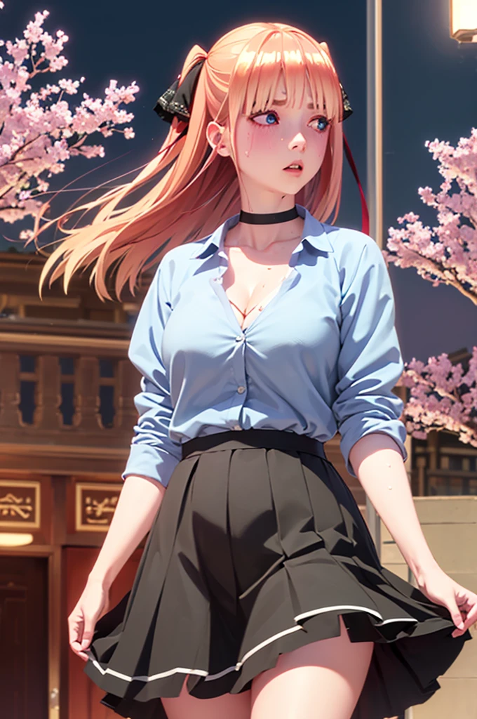 One girl,masterpiece,Highest quality,Blonde,stockings,Checked skirt),Short skirt JK,,Are standing,In total length,Medium chest,Very detailed,[[Realistic]],Beautiful and attractive anime teen,Enchanting anime girl,Swinging skirt,blue eyes, hair ornaments, Hair Ribbon,Show your forehead、Twin tails、Random color school girl uniform、Lace choker, short hair,,No bra,,Very detailed肌, Very detailed顔, (Beautiful Fine Eyes, the girl, Red cheeks) ,The girl has a toned figure., Intricate details,Closely、Embarrassed expression、blush、Shining Sweat、Perfect Skin,Sweat is noticeable in the cleavage、、Sweating on thighs is noticeable、 Fair skin,Tight waist, Sweating profusely、Sweaty hair、Sweaty clothes、Sweaty、Visible sweat、Sweat-soaked hair、Athlete System、Cherry blossoms fluttering down、Silver Hair、Night cityscape。Reflection of light、moonlight