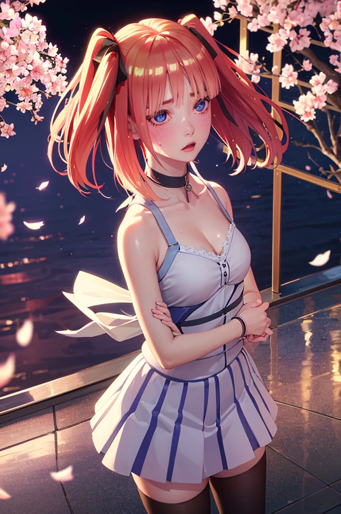 One girl,masterpiece,Highest quality,Blonde,stockings,Checked skirt),Short skirt JK,,Are standing,In total length,Medium chest,Very detailed,[[Realistic]],Beautiful and attractive anime ,Enchanting anime girl,Swinging skirt,blue eyes, hair ornaments, Hair Ribbon,Show your forehead、Twin tails、Random color school girl uniform、Lace choker, short hair,,No bra,,Very detailed肌, Very detailed顔, (Beautiful Fine Eyes, the girl, Red cheeks) ,The girl has a toned figure., Intricate details,Closely、Embarrassed expression、blush、Shining Sweat、Perfect Skin,Sweat is noticeable in the cleavage、、Sweating on thighs is noticeable、 Fair skin,Tight waist, Sweating profusely、Sweaty hair、Sweaty clothes、Sweaty、Visible sweat、Sweat-soaked hair、Athlete System、Cherry blossoms fluttering down、Silver Hair、Night cityscape。Reflection of light、moonlight