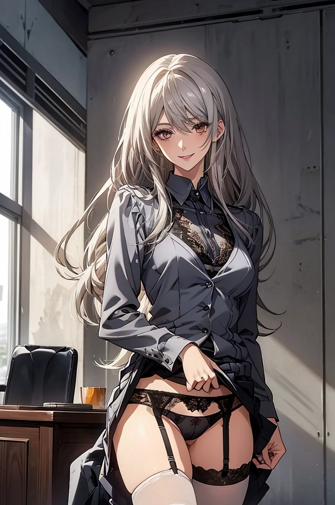 (Highest quality, High resolution, Very detailed), 1 female, Silver Hair, Long Hair, Reddish brown eyes, suit skirt, lace thong, garter belt, secretary, 24th generation, Beautiful woman, mature, quiet, Calm, Large Breasts, A small smile, office,