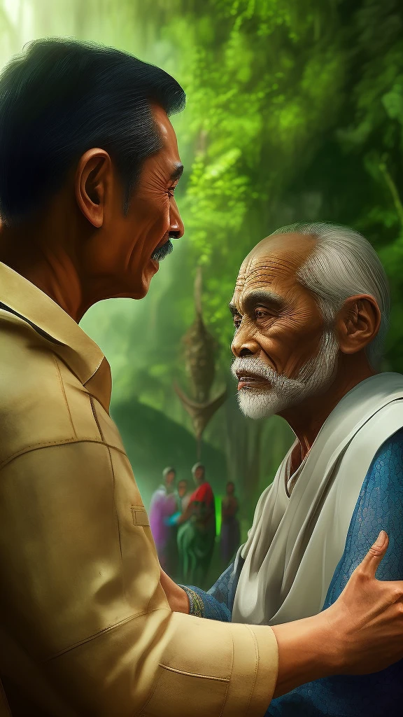 "A Green alien guest meet an old Malay man, wearing songkok and baju melayu, in the Malay village. spaceship as a background in the night" in a jungle environment, Highly detailed, Extremely detailed, delicate detail, crisp quality, ultra realistis, A hyper-realistic, surrealism, Dark art, Cinematic, thousand. sharp-focus, Smoke, ArtStation Hyperrealism Painting Concept Art Detailed Character Design