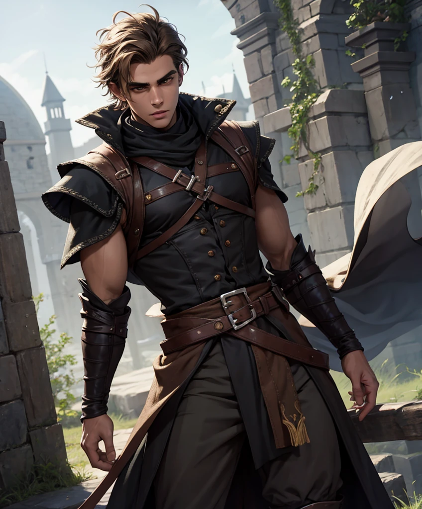 (((Single character image.))) (((1boy))) (((Dressed in medieval fantasy attire.))) (((Generate a darkly handsome male character for a fantasy setting.))) (((Appears to be 20 years old with youthful looks.))) (((Looks like the ideal vision of a sexy, handsome rugged male.))) Design a handsome, attractive male adventurer for a fantasy setting. He has strong features and shoulder length blond hair. (((The background to the image is dark and eerie..))) (((Looks like Jon Kortajarena.))) best quality:1.0,hyperealistic:1.0,photorealistic:1.0,madly detailed CG unity 8k wallpaper:1.0,masterpiece:1.3,madly detailed photo:1.2, hyper-realistic lifelike texture:1.4, picture-perfect:1.0,8k, HQ,best quality:1.0,