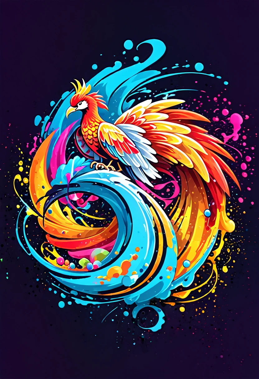 T-shirt designs, with vector art, Colorful illustration with Phoenix, At the center, swirly vibrant colors,graffiti art,ink spatter,UHD quality, details in 16k, Wild and unbridled,paint splash painting,rich and colorful,visual impact,modern aesthetic,Elegant and simple, t-shirt designs, hawaii island background
