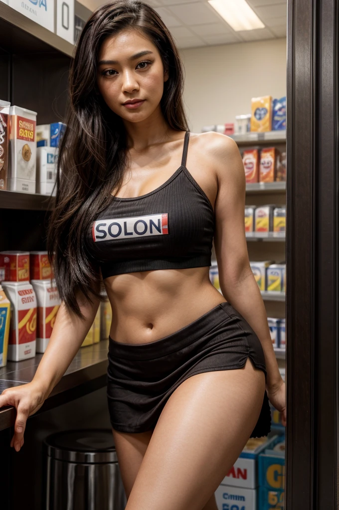 [[((young attractive Singaporean woman with strong Chinese Asian influence, a brown tanned complexion, long straight dark black hair, striking almond-shaped dark brown eyes, and a  frame:1.6)), ((Sophie Tan:1.5)), posing confidently behind a cash register in a convenience store as a sexy cashier. She is wearing ((a tight-fitting store uniform with a low-cut top, short skirt, and name tag:1.4)). Her hair is styled in loose waves, and she is giving a flirty smile while leaning forward slightly. The background features a modern convenience store with shelves of products. The scene is captured with a ((full-frame DSLR:1.4)) using a ((50mm prime lens:1.4)) to keep Sophie in sharp focus while the background is slightly blurred. Professional lighting enhances her natural features and the details of her outfit. The image should be in ((8K resolution:1.5)) with ((hyper-realistic detail:1.6)). The focus is entirely on Sophie’s sexy cashier uniform, her confident pose, and her flirty expression, capturing her essence perfectly for an Instagram photo.]]
