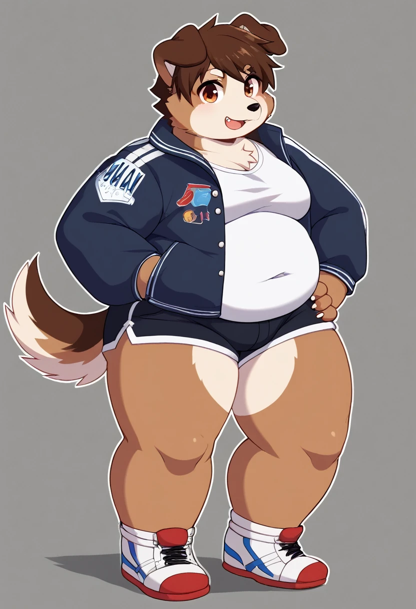 A man slightly chubby, shaped like a white dog brown ears , he Wear  a loose jacket and a pair of knee-length shorts full body Wear a t-shirt under a loose jacket