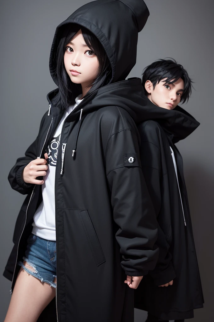 create a capless pokemon trainer using a black hooded coat with black blown out hair.