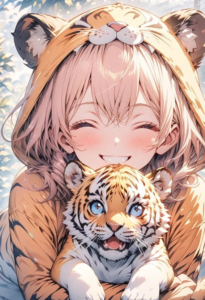 masterpiece, best quality, extremely detailed CG unity 8k wallpaper, Anime illustration of a  wearing a tiger costume. I have a small stuffed tiger. Her eyes are closed and her mouth is open, smiling. The background is a pastel colored tiger pattern.