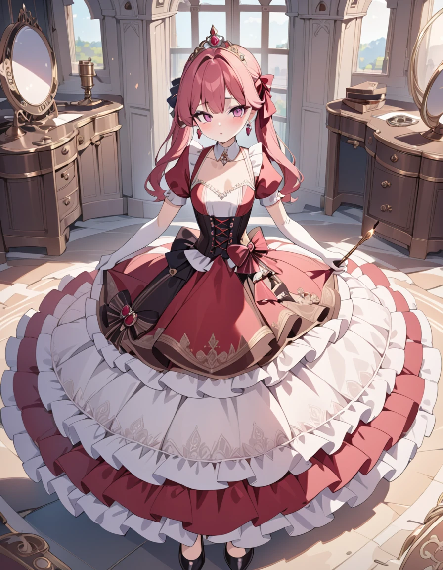 (best quality,4k,8k,highres,masterpiece:1.2),ultra-detailed, Pretty 15 years old princess, drawn in anime style, is cute and joyful, long red pigtails hair, pink eyes, small breast, lipstick, makeup, pink eyeshadow, steampunk, red and white ball gown with puffy sleeves, physically-based rendering,gorgeous dress design,flowing gown,elaborate lace details,rich textures,contrast stitching,delicate ribbon bows,floral accents,long maxi skirt,short sleeves,fitted waistline,lace-up back,luxurious fabrics,flawless silhouette, petticoat, bustle, corset, hair ribbons, white elbow gloves, ruby earrings and necklace, gold tiara, high heels, holding a fire magic wand, standing in castle bedroom,