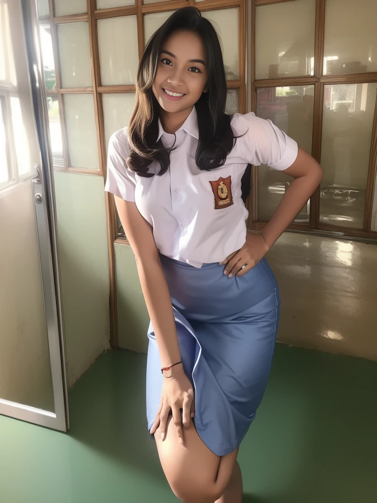 1girl, (Indonesian_high_school_uniform), standing, model pose, on the knees, Classroom, professional light, detailed face, detailed eyes, (seductive smile: 1.14), fit body, huge breasts, shiny skin, hands behind body, looking at the audience, model pose, tight white shirt, grey-blue tight short-skirt, (8k, RAW photo, best quality, masterpiece: 1.4), (realistic, realistic: 1.5), ultra-high resolution