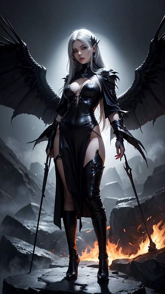 “A highly detailed, dark, and gothic depiction of a powerful female angelic figure with large, majestic wings. She should have long, flowing silver hair and be dressed in ethereal, mystical robes that add an otherworldly quality to her appearance. Her body should be muscular and sinewy, with an intricate, textured design on her skin and wings, reminiscent of organic, wood-like patterns. Her expression should be fierce and commanding. The background should be a hellish scene with raging flames, molten lava, and dark, jagged rocks, creating a dramatic and fiery atmosphere. The overall aesthetic should be monochromatic for the figure, with shades of black and grey, contrasting with the vibrant reds and oranges of the flames.”

Additional Settings:

	•	Style: Gothic, Dark Fantasy, Monochromatic (for the figure)
	•	Lighting: Dramatic, High Contrast
	•	Details: High, Intricate textures
	•	Mood: Fierce, Commanding, Hellish
	•	Composition: Full-body, Female
	•	Hair: Long, flowing silver hair
	•	Clothing: Ethereal, mystical robes
	•	Background: Hellish landscape with flames, molten lava, and dark rocks