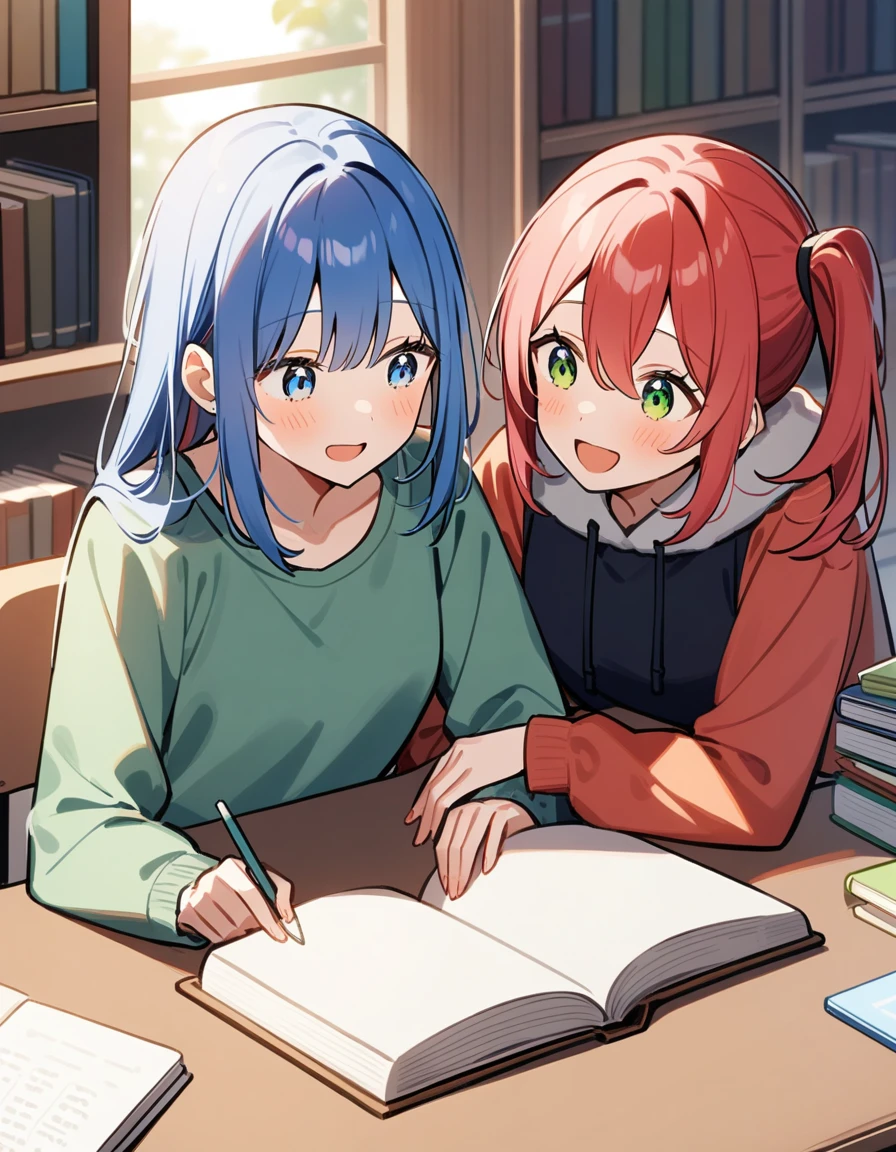 2 girls. A cozy room with a table filled with textbooks and notebooks. A girl with long, blue hair and blue eyes with side ponytail in a . A red pink hair girl with green eyes and straight hair. The red pink hair girl is explaining something to the blue hair girl from a book. The red hair girl looks so happy. The background shows a warm, well-lit study environment.