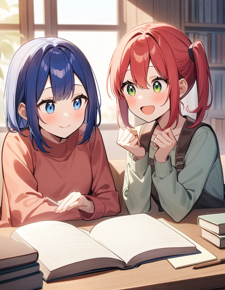 2 girls. A cozy room with a table filled with textbooks and notebooks. A girl with long, blue hair and blue eyes with side ponytail in a . A red pink hair girl with green eyes and straight hair. The red pink hair girl is explaining something to the blue hair girl from a book. The red hair girl looks so happy. The background shows a warm, well-lit study environment.