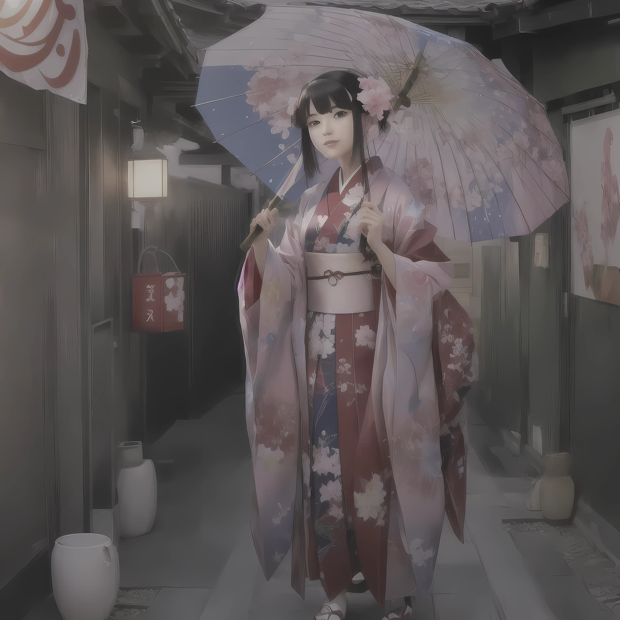 A kimono-clad anime character holding an umbrella in a hallway, artwork in the style of Gwaiz, Gwaiz, Anime Style 4 k, Anime Styled digital art, Gwaiz on artstation pixiv, Gwaiz on pixiv artstation, Anime Art Wallpapers 8K, Beautiful anime art, Anime Style. 8K, Created by Anime Painter Studio