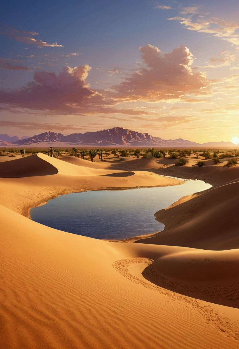 Depth of field at a distance, Evening Light, sunset, desert, Mexico, US West, Yellow sand in the sky,背景は広大なdesert,Game Scene, Landscape painting, Environmental design illustration, Landscape painting 詳細, desert oasis landscape, Concept Art, Highly detailed digital art in 4K, 4K Digital Painting, 4K Digital Painting, Amazing digital illustrations, desert background, デジタルペインティングConcept Art, Detailed digital painting,Large Lake,