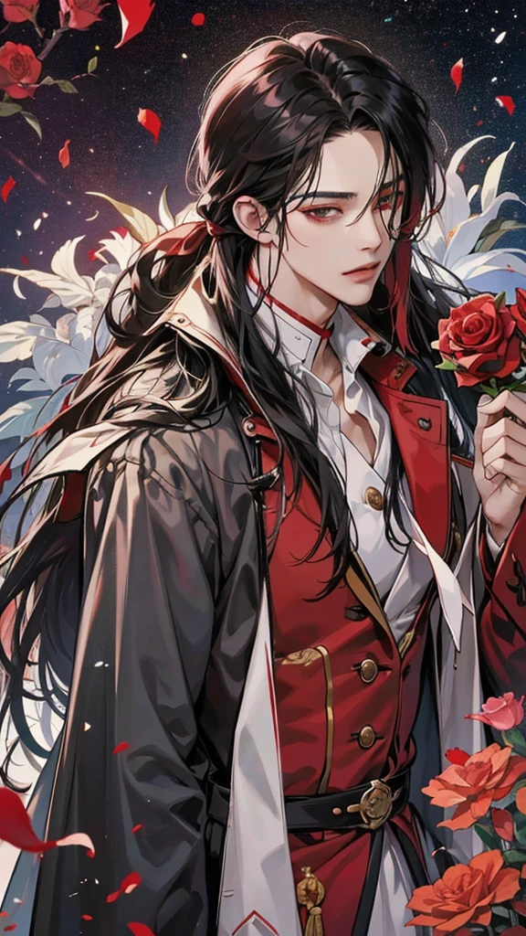 Hua Cheng adulto, he holds a rose in his hand , right eye patch