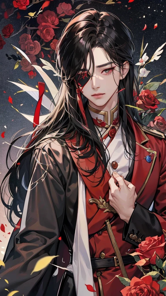 Hua Cheng adulto, he holds a rose in his hand , right eye patch