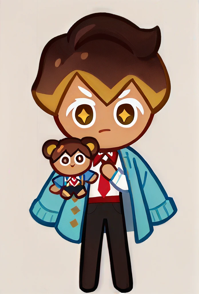 chibi, full body, CookieRun, 1 boy, brown eyes, cute eyes, yellow star pupils, :3, short hair, brown hair, blue cardigan, white shirt, red tie, black trousers