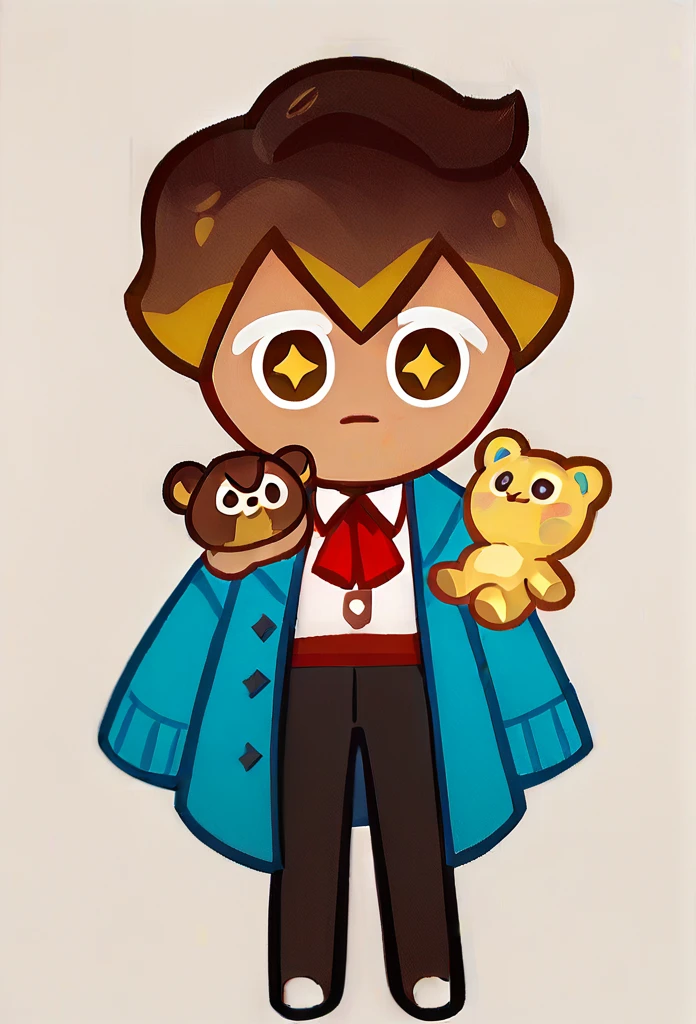 chibi, full body, CookieRun, 1 boy, brown eyes, cute eyes, yellow star pupils, :3, short hair, brown hair, blue cardigan, white shirt, red tie, black trousers